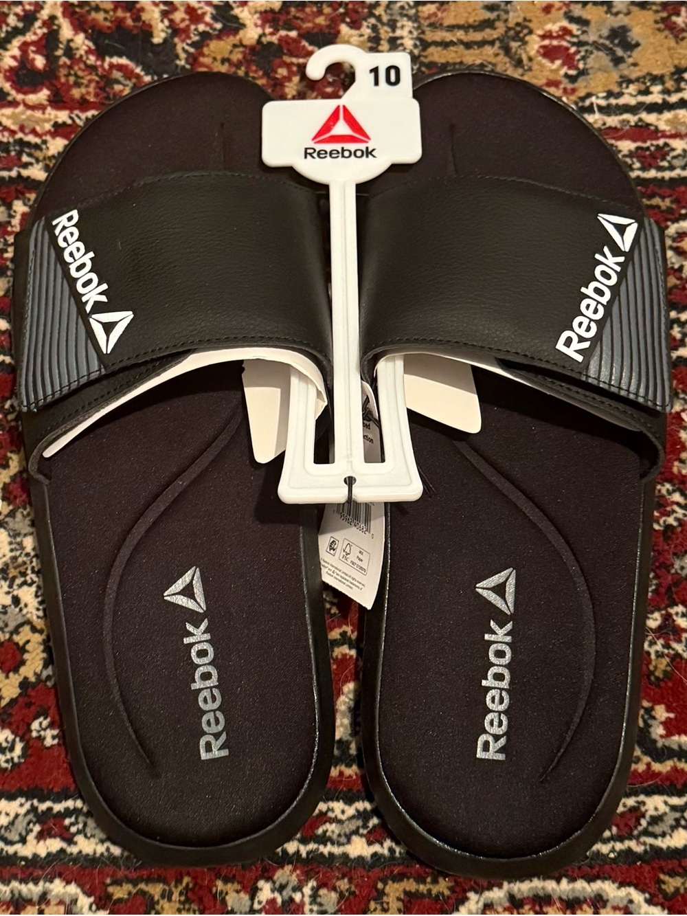 Reebok Adjustable Strap Black Slide Sandals with White Logo Accents